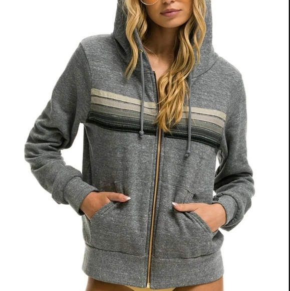Aviator Nation Women's Size M Peachy Stripes Grey Full Zip Hoodie Sweatshirt - Picture 2 of 5